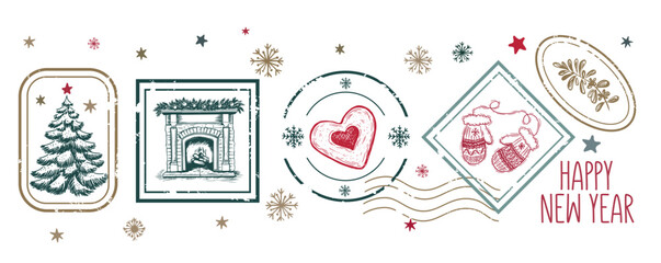 Vintage Hand-Drawn Christmas and New Year Postage Stamps Collection