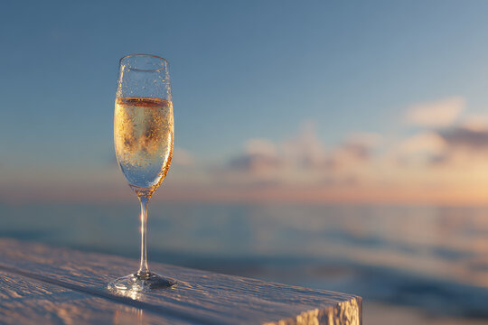 glass of champane on the sunset at the beach