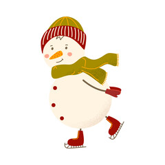 Cute smiling snowman in hat, scarf and mittens skating on ice. Fun winter character for kids designs, holiday cards, stickers, prints and seasonal illustrations. Vector illustration