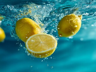 Fresh lemons splashing in water, dynamic citrus fruit close-up, healthy drink concept photo. Vibrant yellow color, whole fruit and slice, refreshing action. Dynamic photo of lemons splashing.