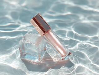 Luxury lip gloss packaging, clear cosmetic product, copper cap, on ice cube with water surface reflection. Glossy effect, sunlight ripples, fresh beauty concept. Stylish luxury lip gloss.