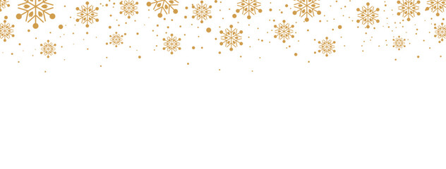 Elegant Christmas or winter banner featuring a seamless falling pattern of golden/bronze snowflakes and dots along the top edge. The design is isolated on a white background, offering significant copy