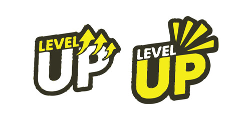 Two distinct "Level Up" graphic logos are presented side by side against a clean white background, featuring yellow and black color schemes with stylistic embellishments.