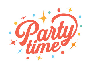 A vibrant and celebratory "Party time" text graphic adorned with colorful dots and sparkling stars, perfect for festive invitations and decorations.