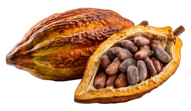 Whole ripe cocoa pod and split half with visible beans, isolated on transparent background, high-resolution botanical photography
