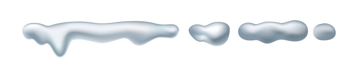 Snow caps set, icicles, snowballs and snowdrifts isolated on white. Snowy piles and snow caps. Vector realistic icons set, mountains or hills summits and peaks. Snowfall and blizzard, snowdrift 