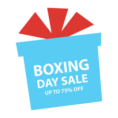 A boxing day sale is advertised with a bright blue gift box and red ribbon, offering up to 75% off.