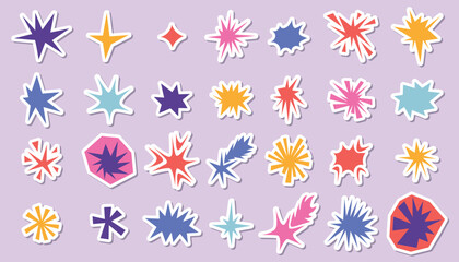 Set of irregular star and sparkle collage shapes stickers with rough edges and retro feel. Colorful cut paper starburst elements ideal for sticker, scrapbook in bold angular style.
