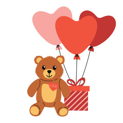 Adorable smiling teddy bear with heart, gift box and heart balloons in soft cartoon flat style. Ideal for Valentines Day cards, stickers, scrapbook elements and charming creative craft designs.