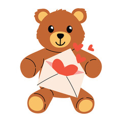 Cute teddy bear holding a Valentines note with small hearts around. Soft cartoon style perfect for love cards, stickers, kids designs and sweet holiday decorations with warm romantic mood.