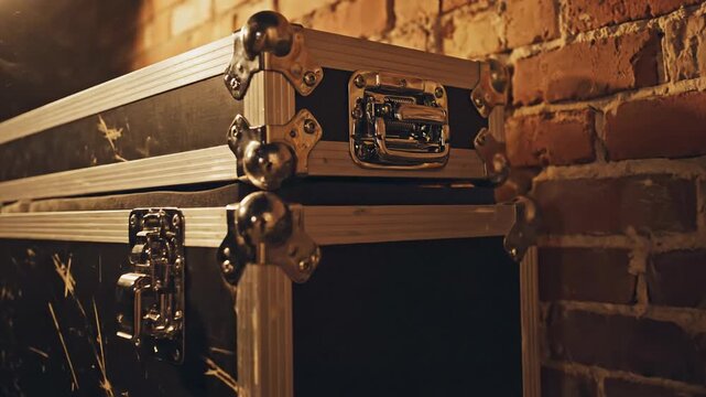 Stage equipment flight cases stacked against a brick wall with dramatic lighting