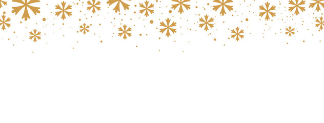 Elegant Christmas or winter banner featuring a seamless falling pattern of golden/bronze snowflakes and dots along the top edge. The design is isolated on a white background, offering significant copy