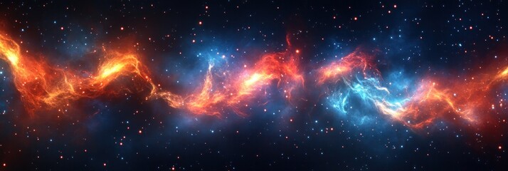 Fototapeta premium Vibrant cosmic nebula with glowing red and blue gas and numerous stars across deep space