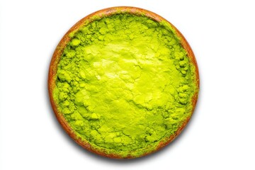 Vibrant green powder in a natural wooden bowl, photographed from directly above on a pure white surface. Healthy organic matcha tea or natural food coloring, perfect for health and cooking themes.
