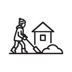 Man shoveling snow near house winter season black and white vector icon