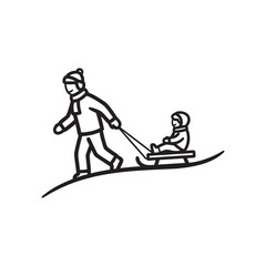 Parent pulling child on sled in winter black and white vector illustration