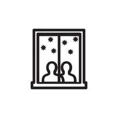 People looking out window in winter snowfall black and white vector icon
