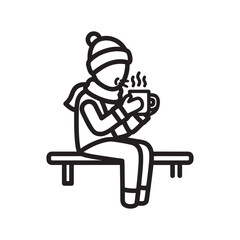 Winter person sitting on bench drinking hot coffee black and white vector illustration