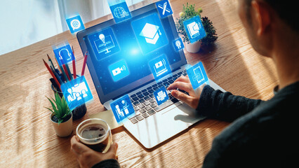 Online education icons show e-learning, online education classes, and digital study. Online education enables global online education access, flexible learning. Gist