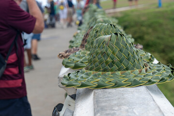 Salvador de Bahia Brazil  . Palm hats for sale near farol de Barra lighthouse.