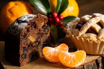 Festive christmas fruitcake, mince pie, and clementines arranged on a rustic wooden board for a traditional holiday spread