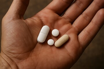 Person hand displaying collection of white and beige pills, emphasizing variety of medication forms available. Close-up of palm. Man takes medicine. For medical or pharmaceutical materials