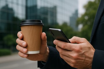 Man in business suit holding coffee cup and smartphone. Background blurred cityscape. Urban lifestyle and technology. Businessman. Typical morning routine for working professional