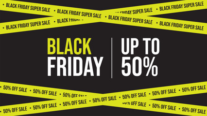 Black friday promotional banner with green crossed ribbons tapes on black background