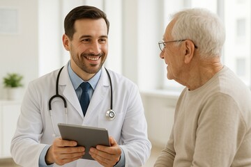 Doctor in white coat with stethoscope around neck, smiling, talking to elderly patient. Medical professional smiling, discussing with aged man. Conversation about health, lifestyle and longevity
