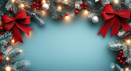 Fototapeta premium Festive Holiday Decoration With Pine Branches, Berries, and Bows