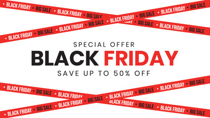 Black friday big sale banner. Save up to 50% off. Red Crossed ribbons, stripes with text isolated on transparent background