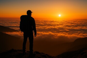 Silhouette of hiker standing on mountain peak, overlooking sea of clouds during stunning sunset. Scene captures serene beauty of nature and sense of accomplishment after challenging climb