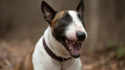 Bull terrier dog with open mouth showing teeth and tongue outdoors animal canine