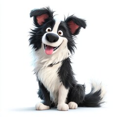 A happy cartoon border collie dog sitting on a white background