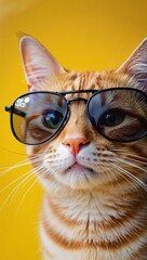 Adorable ginger cat wearing stylish black glasses, looking directly at camera with curious expression. For pet themed content or advertising, blog posts. Cute orange kitten whimsical and playful 