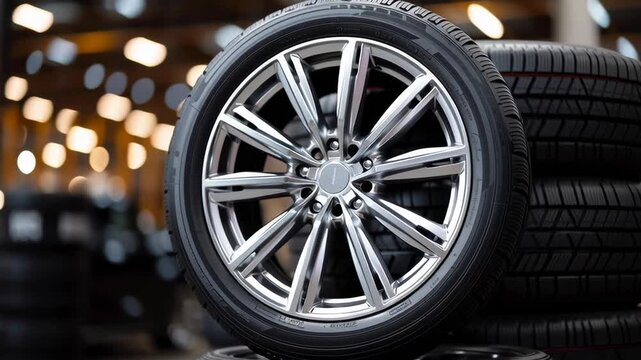 A stack of tires with a silver wheel on top. The tires are piled up in a warehouse
