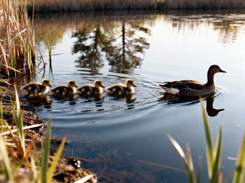 close-up of ducklings following mama duck in peaceful wetland environment at dusk