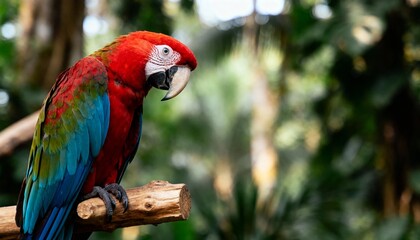 Obraz premium majestic macaw resting on stick showing detailed feathers and curved beak