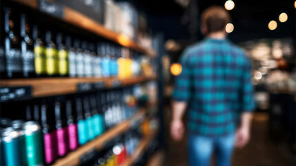 Person shopping for beverages in a store, walking down an aisle with blurred bottles and cans, selective focus lifestyle
