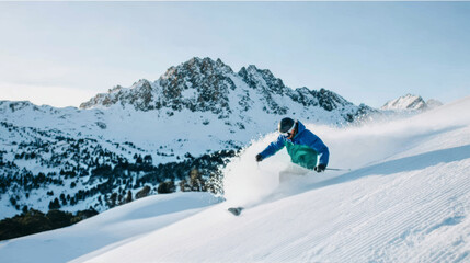 Professional skier enjoying morning winter sports, carving fresh snow with mountains and bright sun in the background