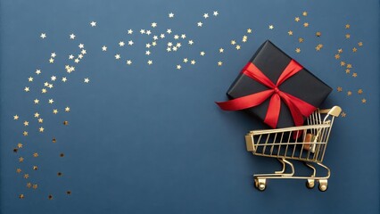 Black friday shopping cart with gift and confetti