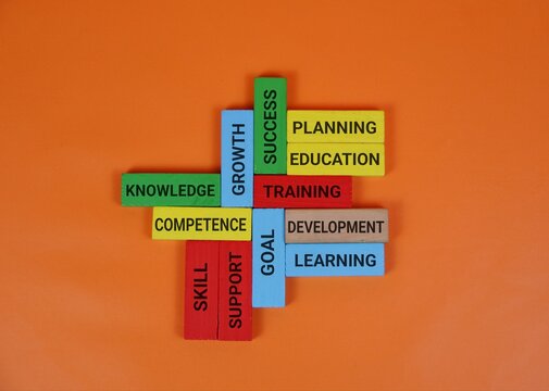 A vibrant arrangement of wooden blocks on a orange background, highlighting words such as knowledge, growth, success, planning, training, and learning to symbolize education and skill development.