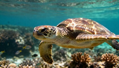Fototapeta premium close-up of green sea turtle swimming gracefully with sunlight filtering through water