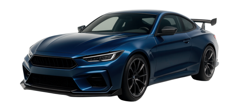 Sleek sports coupe featuring an aggressive front splitter and carbon fiber details.