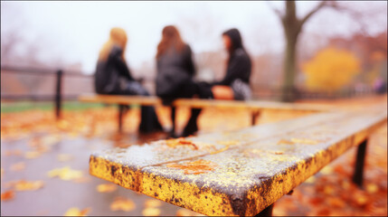 Three friends sitting on a park bench, conversing in an out of focus background, autumn foliage on the ground