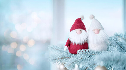 Charming holiday gnomes, one red and one white, sitting on snowy evergreen branches, creating a cozy winter celebration atmosphere