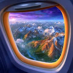 Fototapeta premium Snowy landscape and mountain ranges below. Generative AI