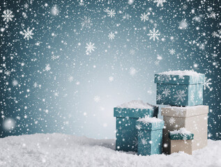 Snowy winter scene with stacked gift boxes and falling snowflakes