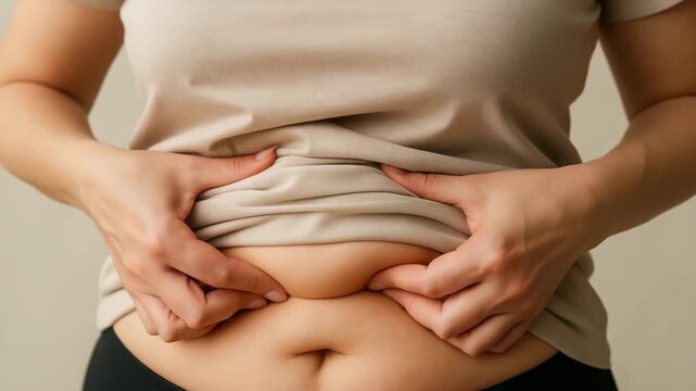 Woman with hands on stomach, presence of belly visceral fat and excess weight. Health and wellness content related to weight management, fitness, fight against extra pounds and proper nutrition