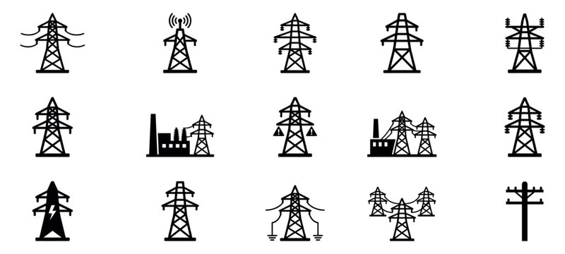 Collection of electric power transmission tower icons, electricity pylons, energy grid symbols, high voltage line illustrations, and related infrastructure elements, including transformers, lightning.